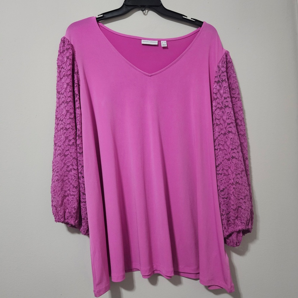 Susan Graver Liquid Knit V-Neck Lace Sleeve Tunic Top Magenta Pink Plus Size‎ 4X